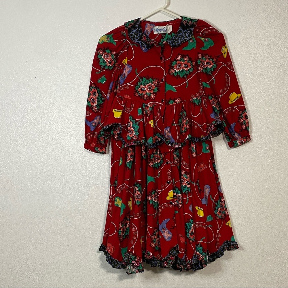 Vintage Vibrant Red Floral Kids Dress - Picture 2 of 16